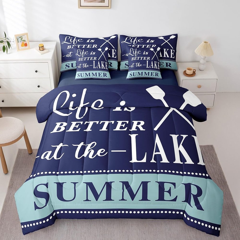 jejeloiu Lake House Comforter Set Queen Size 7 Pieces Navy Blue Farmhouse Style Summer Ocean Themed Bedding Set Nautical Sea Adventure Bed in a Bag with Comforter, Sheets, Pillowcases & Cushion Cover