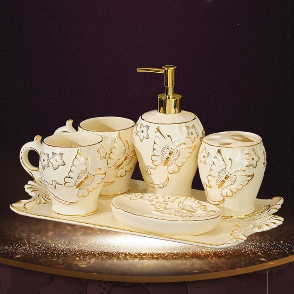 Bathroom Accessory Sets European-Style Ceramic Bathroom Five-Piece Set Toilet Wash Set Bathroom Supplies Mouthwash Cup Couple Set for Vanity Bathroom Decor