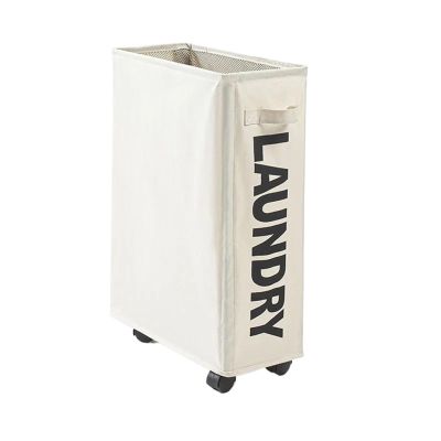 22 inch Slim Rolling Laundry Basket with Stand Foldable Waterproof Hamper Tall Thin Sorter Organizer on Wheels(Beige 1pc)