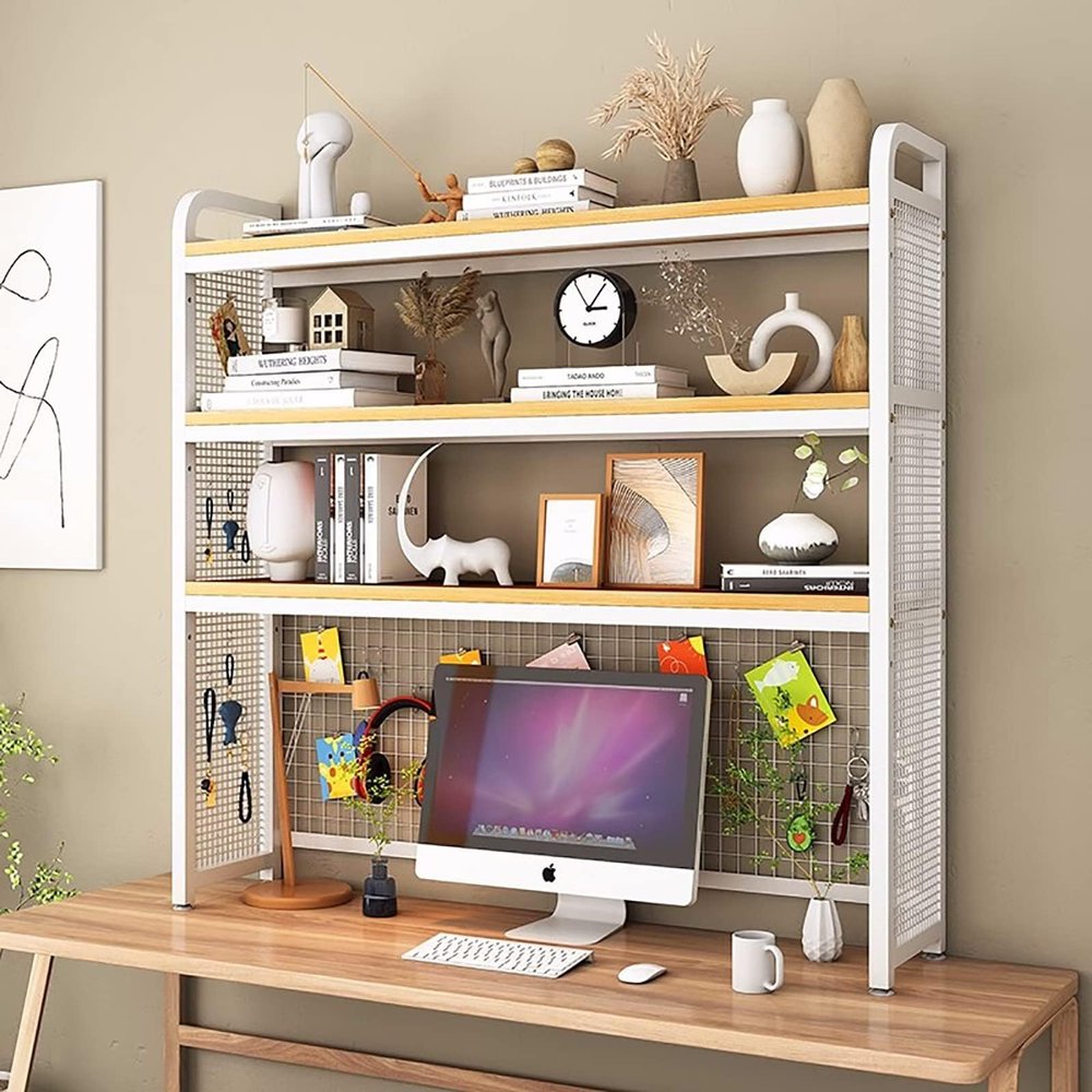 Adjustable Desk Bookshelf Organizer Rack, 3-Tier Multipurpose Wooden Countertop Hutch Organizer, Desktop Bookshelf For Computer Desk, Home Office Storage Shelves For Supplies(White-b,95cm/37.4inch)