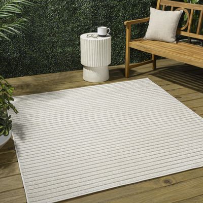 JONATHAN Y Aarhus High-Low Striped Ivory/Cream 7x7 Square Indoor/Outdoor Area Rug, Minimalist Geometric, Pet Friendly, Non-Shedding, Stain Resistant, Easy-Cleaning for Backyard, Patio (SCN102B-7SQ)