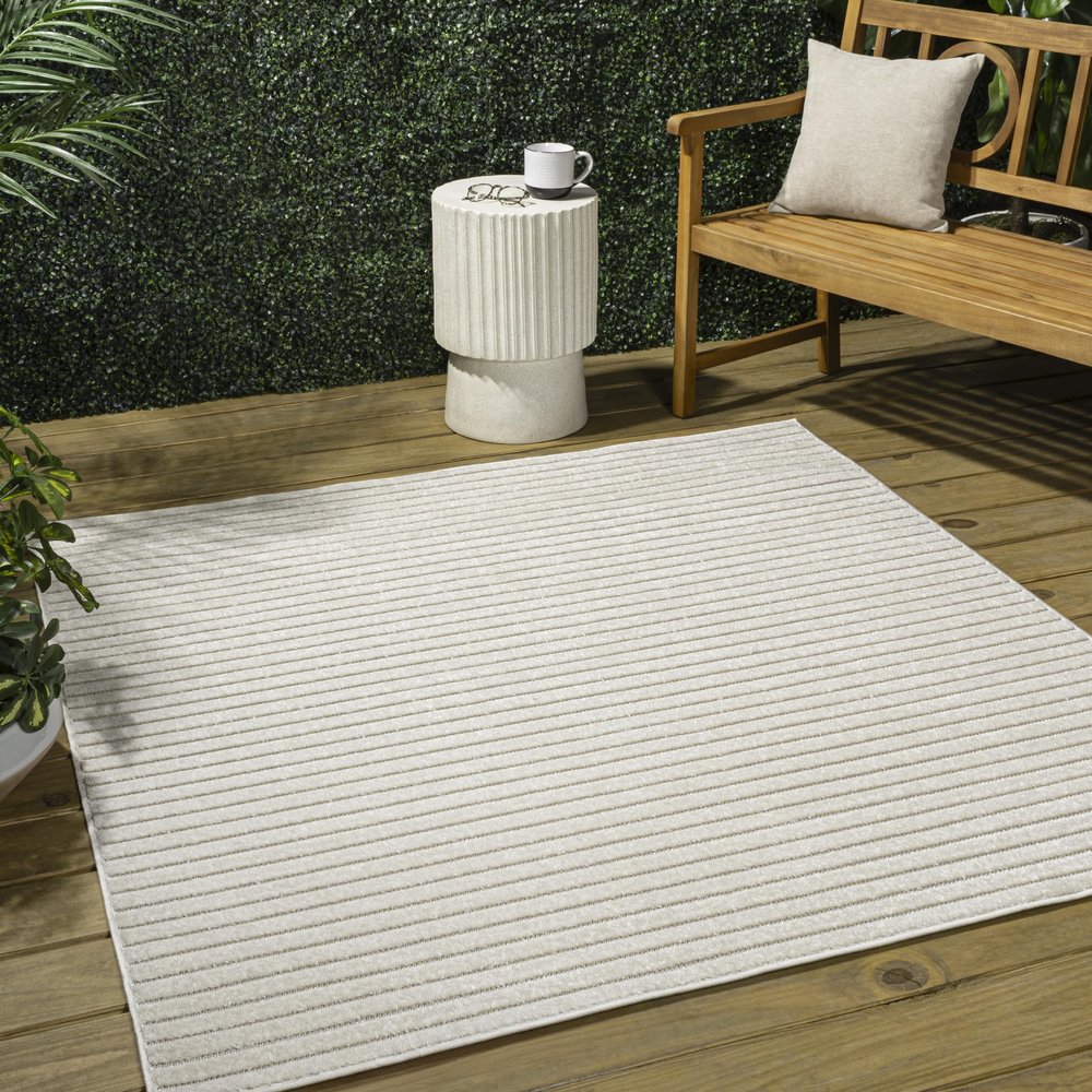 JONATHAN Y Aarhus High-Low Striped Ivory/Cream 7x7 Square Indoor/Outdoor Area Rug, Minimalist Geometric, Pet Friendly, Non-Shedding, Stain Resistant, Easy-Cleaning for Backyard, Patio (SCN102B-7SQ)