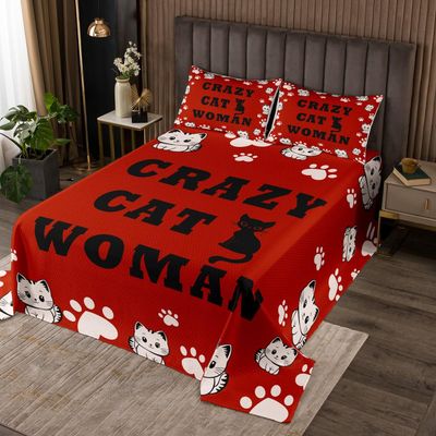 jejeloiu Cat Coverlet Set King Size Girls Women Bedspread for Cat Lover Decor Quilted Coverlet Red Soft Microfiber Quilt Set All Season Bedroom