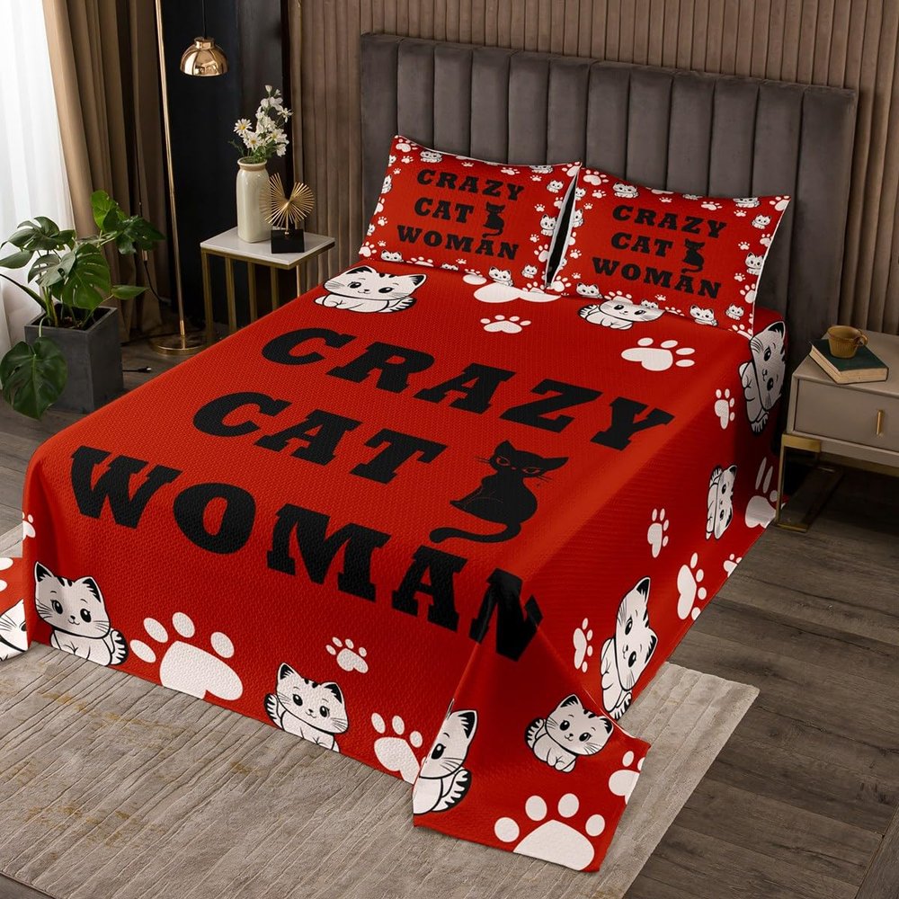 jejeloiu Cat Coverlet Set King Size Girls Women Bedspread for Cat Lover Decor Quilted Coverlet Red Soft Microfiber Quilt Set All Season Bedroom