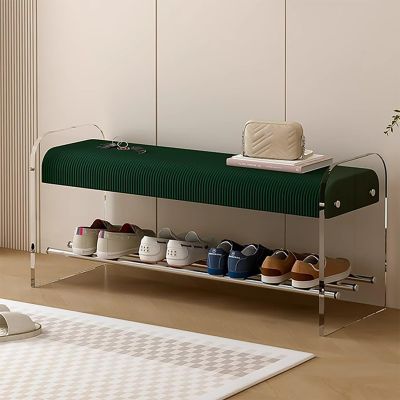 Acrylic Entryway Bench, Shoe Bench with Cushion Padded Seat, Fluted Bedroom Bench with Storage, Shoe Rack and Dining End of Bed Bench for Bedroom Living Room Study Garden(Green,120*35*45cm/47*14*18in)