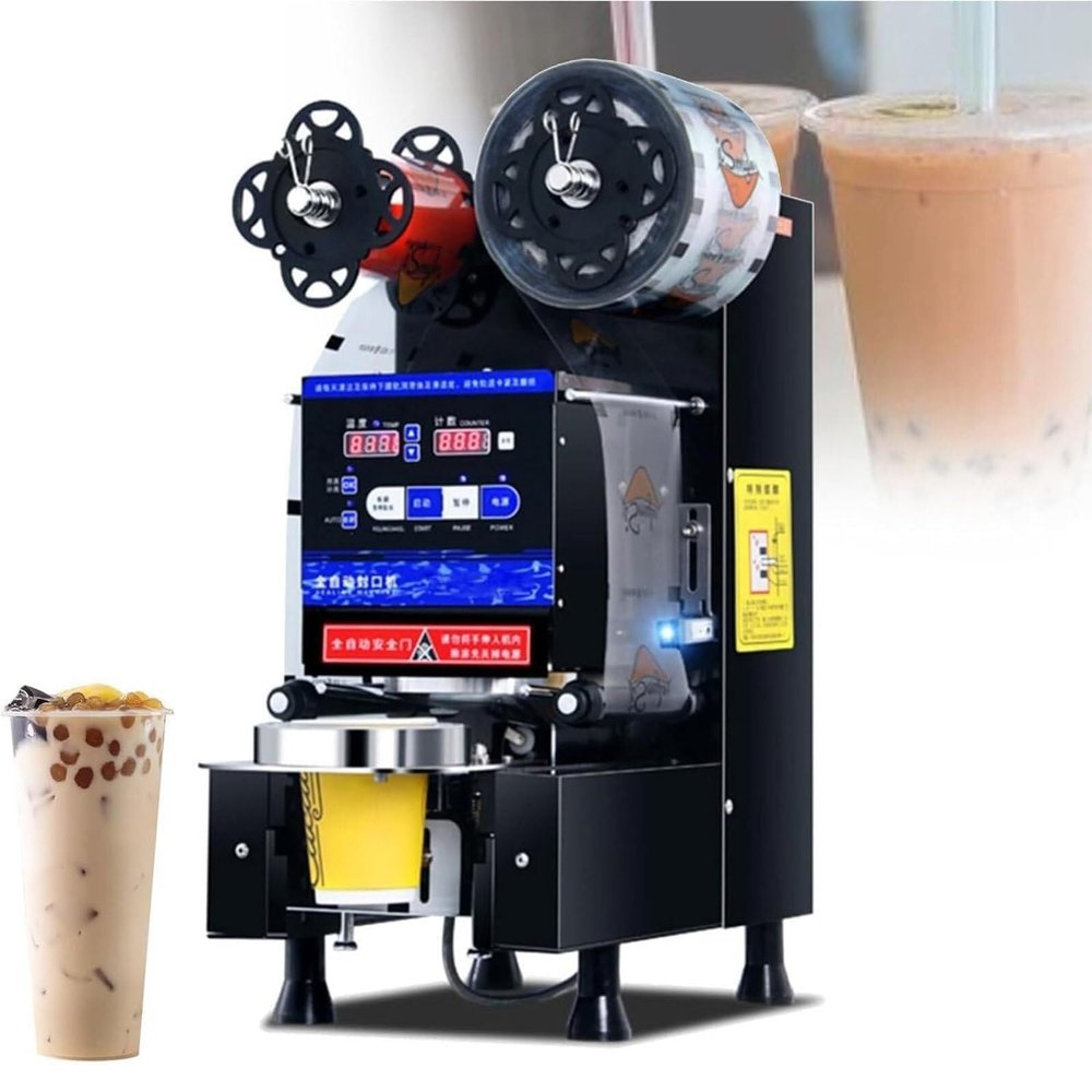 600-800 Cups/H Commercial Fully Automatic Cup Sealing Machine,350W Sealing Machine Maker with Digital Control LED Panel, for 90/95mm PP PE PC Cup Sealing,Black