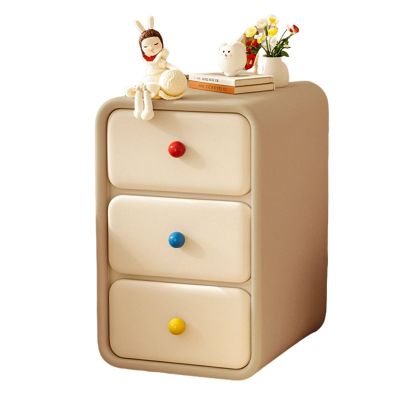 Small solid wood bedside table, ultra-narrow bedside table, three drawer bedside table, large capacity storage space, microfibre leather wrapped,suitable for bedroom and living room(Khaki,45cm/17.7in)