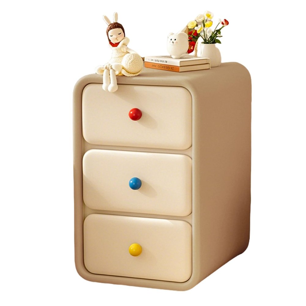 Small solid wood bedside table, ultra-narrow bedside table, three drawer bedside table, large capacity storage space, microfibre leather wrapped,suitable for bedroom and living room(Khaki,45cm/17.7in)