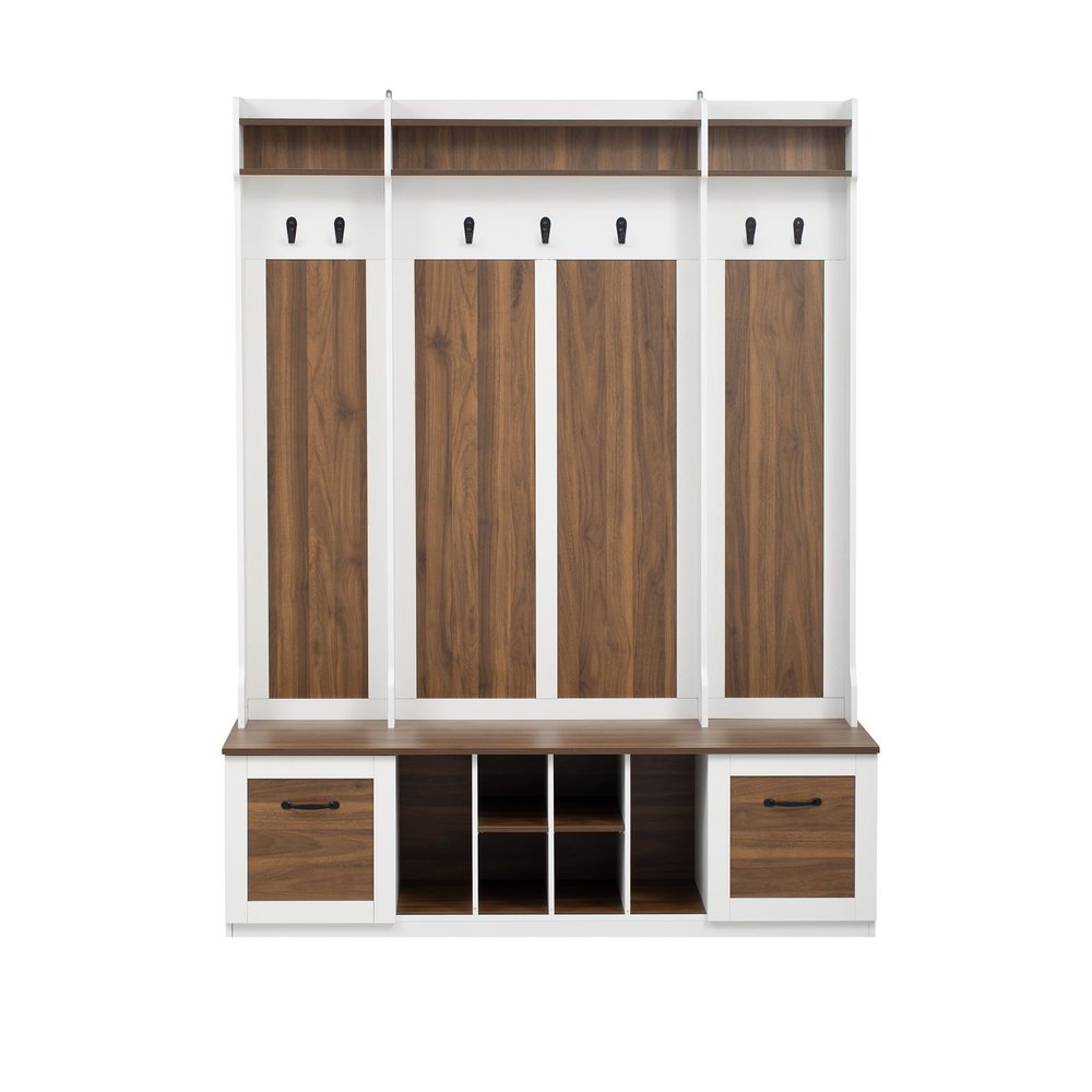5-in-1 Entryway Bench with Coat Rack, 7 Sturdy Hooks, 2 Spacious Drawers and Adjustable Shelves, 58.8'' Wide Hall Tree with Metal Handles for Hallway, Entryway, Living Room