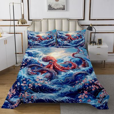 Octopus Kids Bedspread King Size,Japanese Ukiyo-e Cherry Blossom Sakura Coverlet Set,Boys Girls Room Decor,Ocean Animal Marine Life Quilted Coverlet,Red Blue Bedding Quilt,2 Pillowcases
