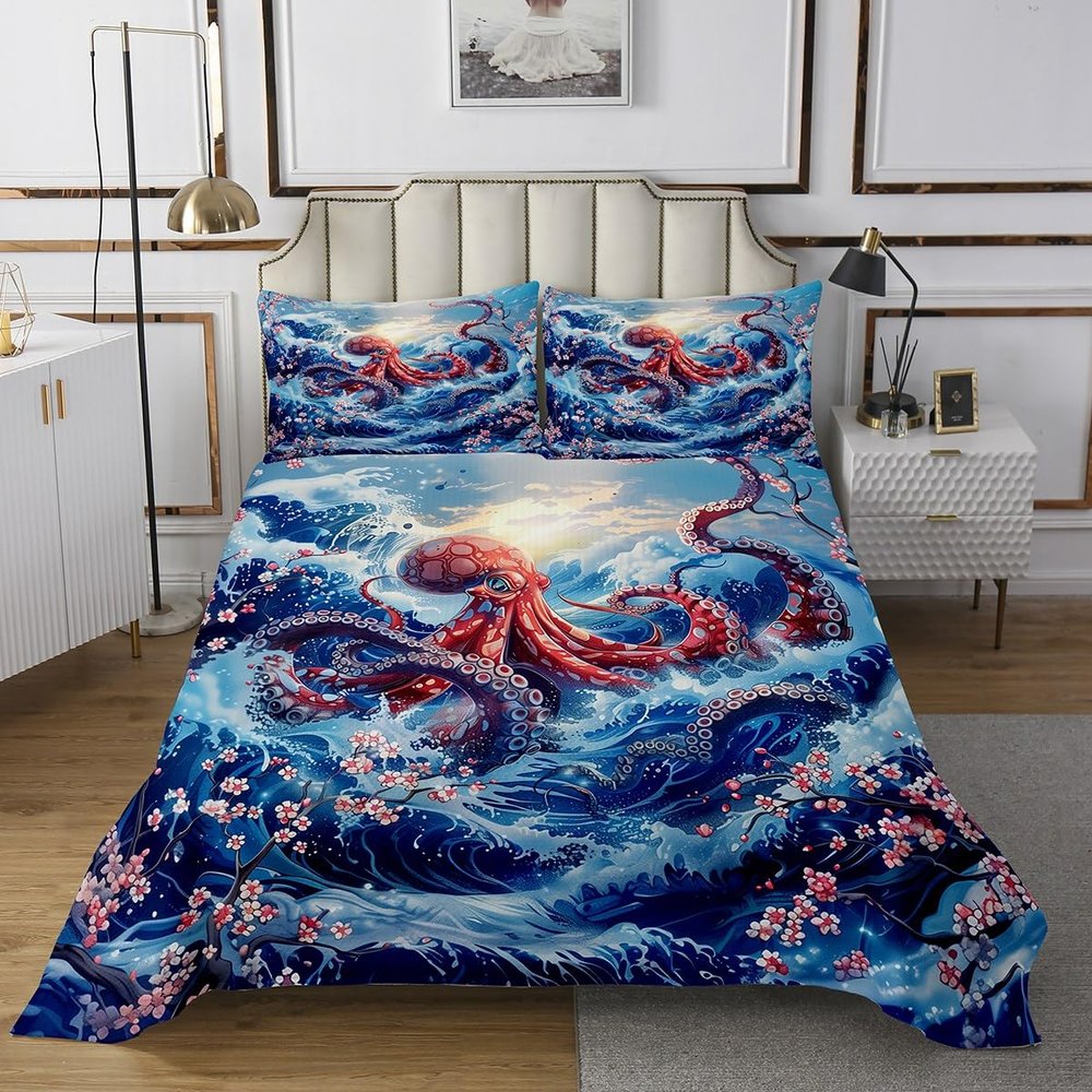 Octopus Kids Bedspread King Size,Japanese Ukiyo-e Cherry Blossom Sakura Coverlet Set,Boys Girls Room Decor,Ocean Animal Marine Life Quilted Coverlet,Red Blue Bedding Quilt,2 Pillowcases