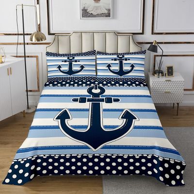 Manfei Anchor Kids Bedspread Twin Size,Geometric Stripes Wave Points Patchwork Coverlet Set,Boys Girls Room Decor,Nautical Ocean Adventure Quilted Coverlet,Blue White Bedding Quilt,1 Pillowcase