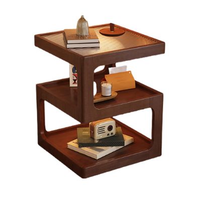 Creative sofa side table, vintage solid wood bedside table, modern minimalist bedside table, open storage space + glass countertop, no assembly required, suitable for living room and bedroom(Walnut co