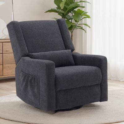 Tbfit Nursery Rocking Chair, 360 Swivel Recliner Chair with Lumbar Support for Bedroom, Comfy Upholstered Armchair with Pillows & Footrest for Living Room & Baby Room