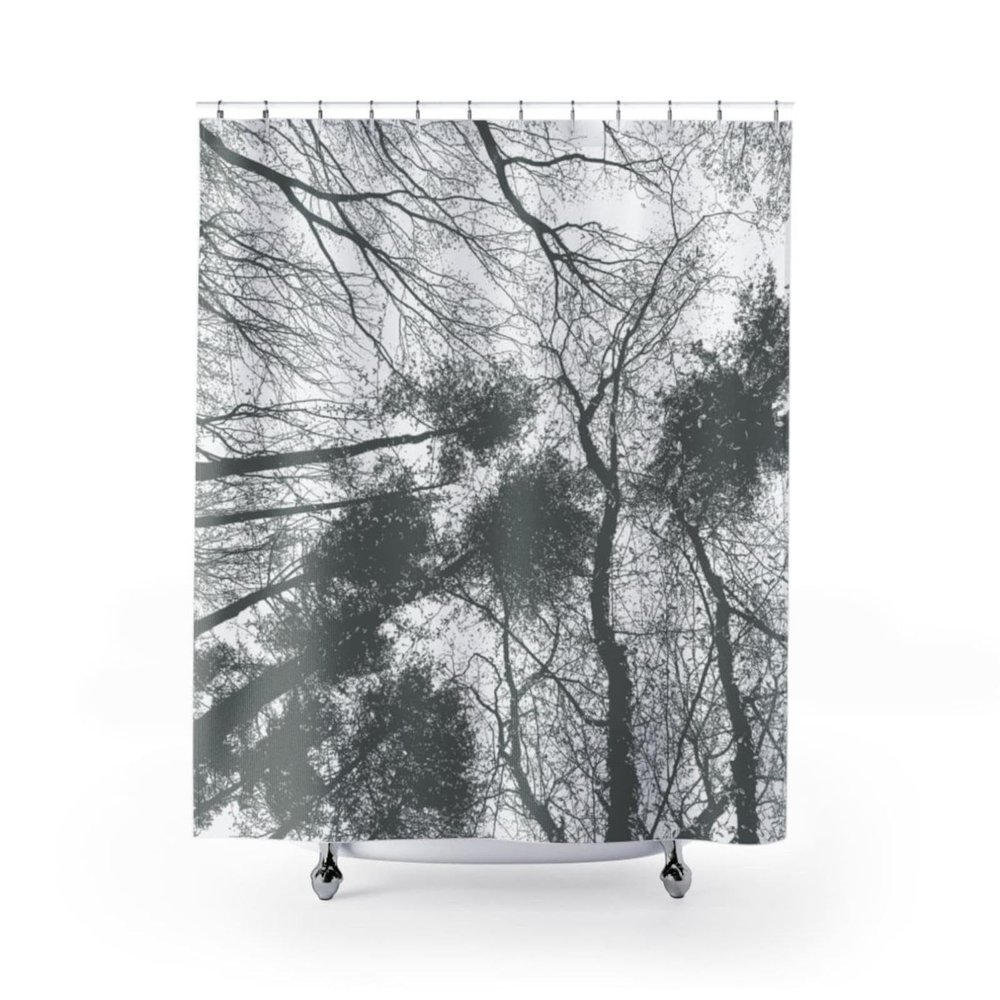 AZEJEB Shower Curtain for Bathroom with 12 Hooks,Forest Trees Canopy View Gray on White Silhouette Shower Curtain - Farmhouse Bathroom Shower Curtain, 140x180cm/55x71in(WxH) clothshowercurtain