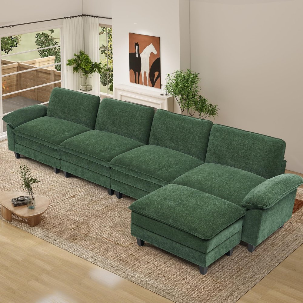 154" Modular Sectional Sofa,Comfy Cloud Couch Sectional Sofa with Ottoman,L Shaped 5-Seat Chenille Sleeper Deep Seat Sofas for Living Room,Bedroom and Apartment,Green