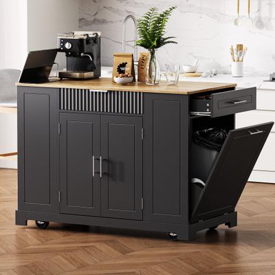 Fluted Kitchen Island with Trash Can Storage Cabinet, Power Outlet, Internal Storage Rack, Rolling Kitchen Islands on 5 Wheels with 3 Drawer, 3 Open Side Racks for 10 Gallon Garbage Bin(Black, 48.5")