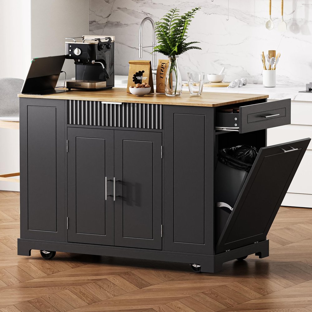 Fluted Kitchen Island with Trash Can Storage Cabinet, Power Outlet, Internal Storage Rack, Rolling Kitchen Islands on 5 Wheels with 3 Drawer, 3 Open Side Racks for 10 Gallon Garbage Bin(Black, 48.5")