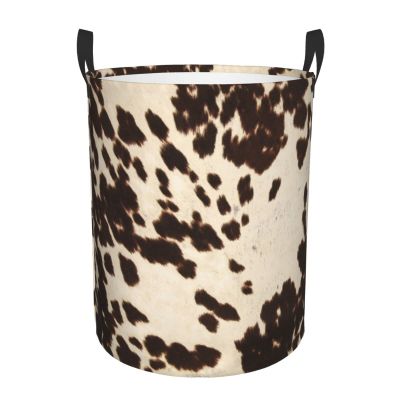 Brown Cowhide Print Circular Laundry Hamper Basket Laundry Bedroom Storage Capacity Home Bathroom Car