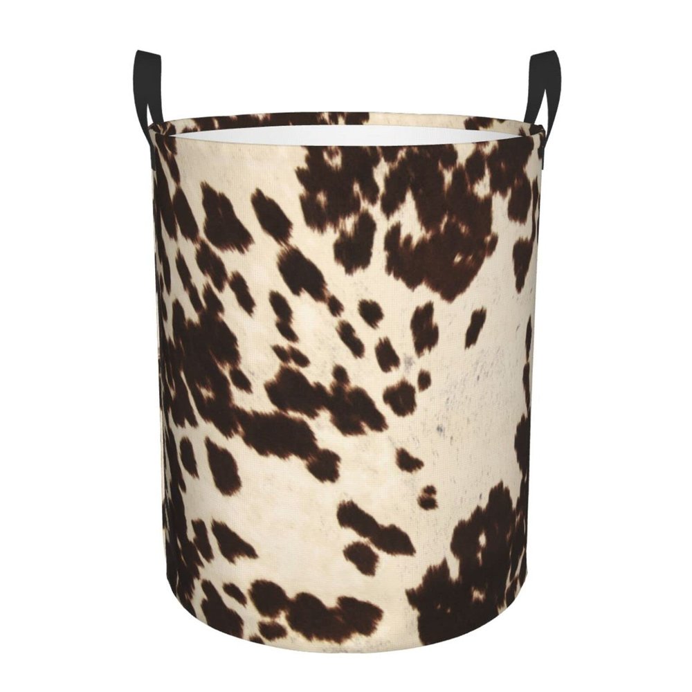 Brown Cowhide Print Circular Laundry Hamper Basket Laundry Bedroom Storage Capacity Home Bathroom Car