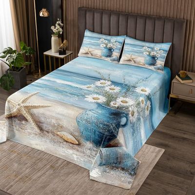 jejeloiu Blue Starfish Beach Bedspread Twin Size Kids Coastal Ocean Coverlet Set for Boys Girls Teens Daisy Flroal Quilted Coverlet Breathable Ocean Marine Quilted Room Decor