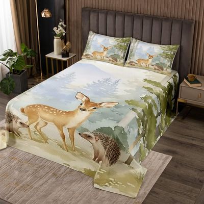 jejeloiu Cute Deer Hedgehog Bedspread Twin Size Kids Woodland Animal Coverlet Set for Boys Girls Teens Wild Animals Quilted Coverlet Nature Wildlife Tree Quilted Room Decor