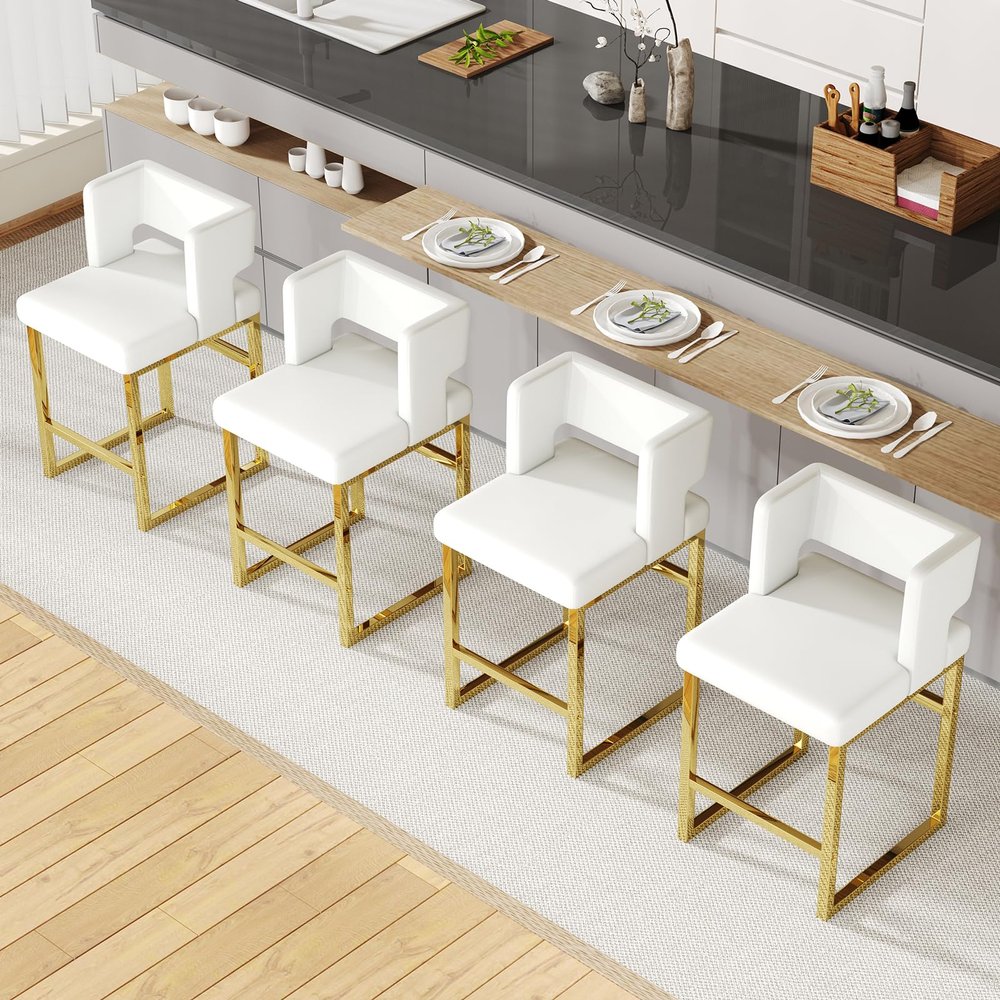 Sweiko 26 Inch Counter Height Bar Stools Set of 4 with Leather Cushion and Back Modern Bar Chairs for Kitchen Island Counter Stools with Metal Leg for Restaurant Dining Room Office, White and Gold