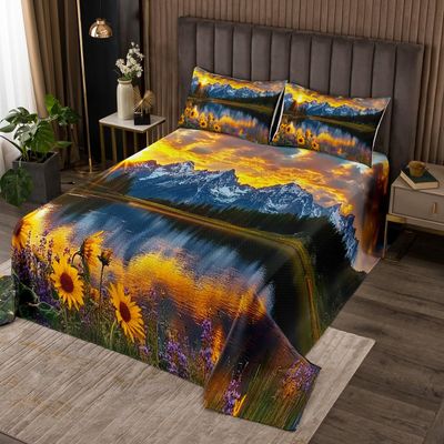 jejeloiu Mountain Lake Bedspread Twin Size Kids Sunflower Floral Coverlet Set for Boys Girls Teens Natural Scenery Quilted Coverlet Breathable Sunrise Quilted Room Decor