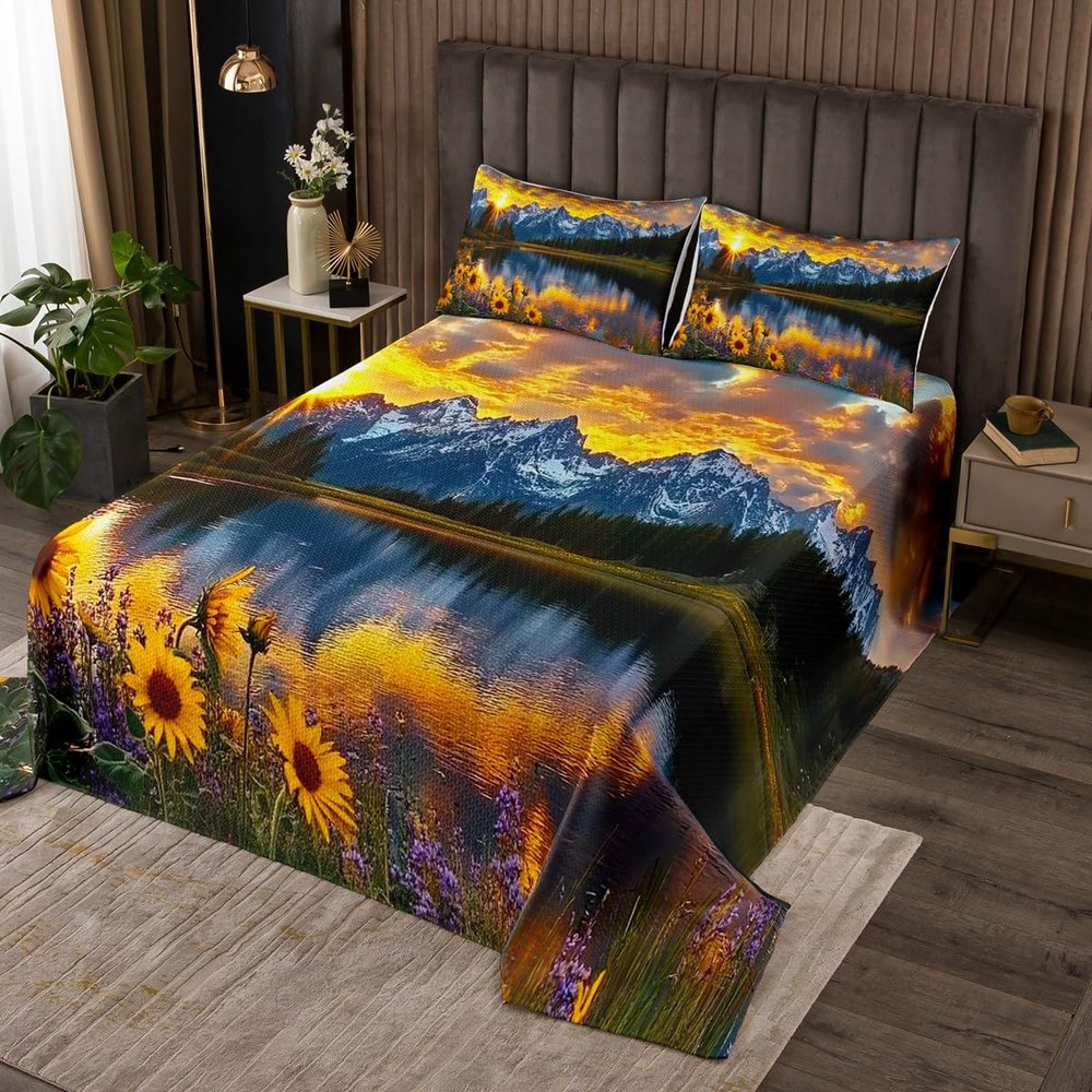 jejeloiu Mountain Lake Bedspread Twin Size Kids Sunflower Floral Coverlet Set for Boys Girls Teens Natural Scenery Quilted Coverlet Breathable Sunrise Quilted Room Decor