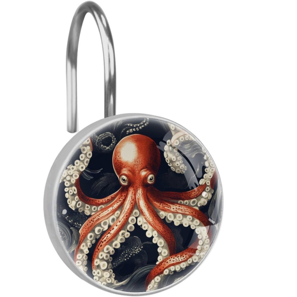 12 Pcs Glass Shower Curtain Hooks, Stainless Steel Decorative Rings for Bathroom, Rust Resistant Shower Rings for Shower Curtains Rods, Dark Orange Octopus