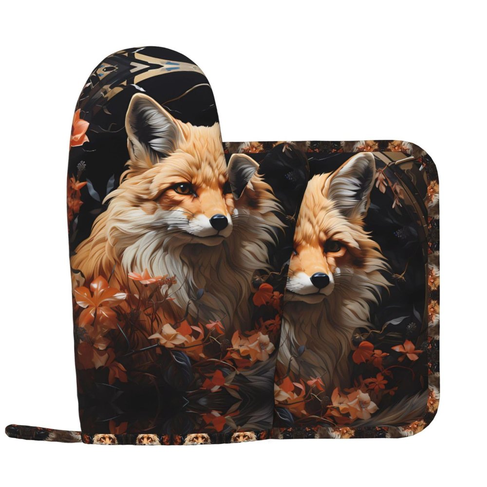 Fox and Flowers Kitchen Gloves and Heat Insulation pad Set, Suitable for Grill Covers and Dinner Plates, Perfect for barbecues and banquets.