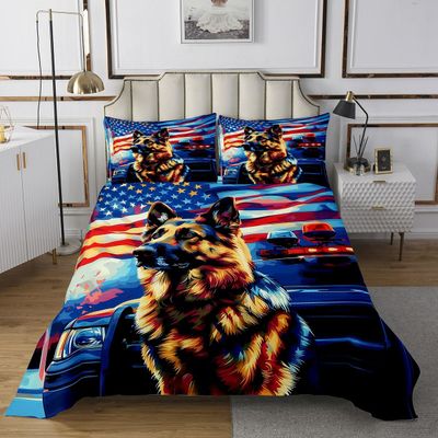 German Shepherd Dog Kids Bedspread King Size,Tie-dye Graffiti American Flag Coverlet Set,Boys Men Room Decor,Police Car Puppy Animal Pet Quilted Coverlet,Red Blue Bedding Quilt,2 Pillowcases