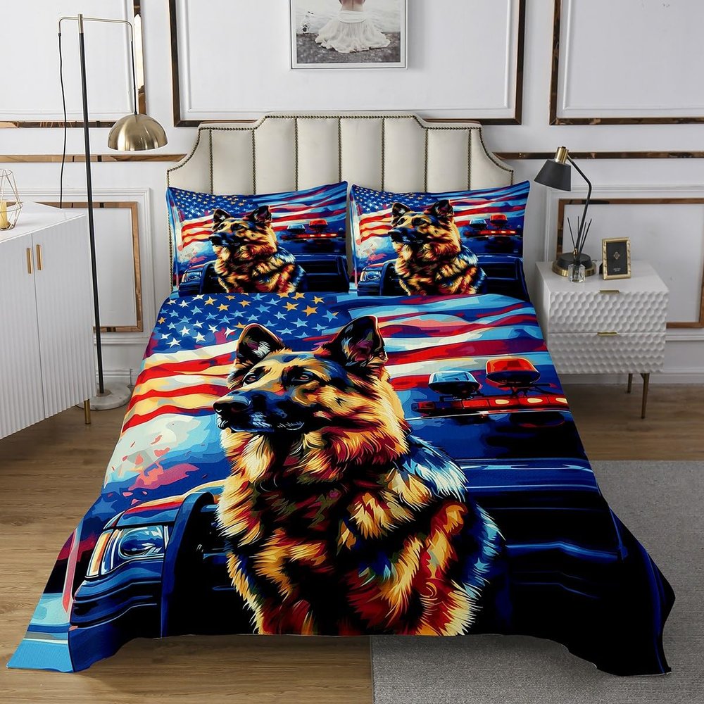 German Shepherd Dog Kids Bedspread King Size,Tie-dye Graffiti American Flag Coverlet Set,Boys Men Room Decor,Police Car Puppy Animal Pet Quilted Coverlet,Red Blue Bedding Quilt,2 Pillowcases