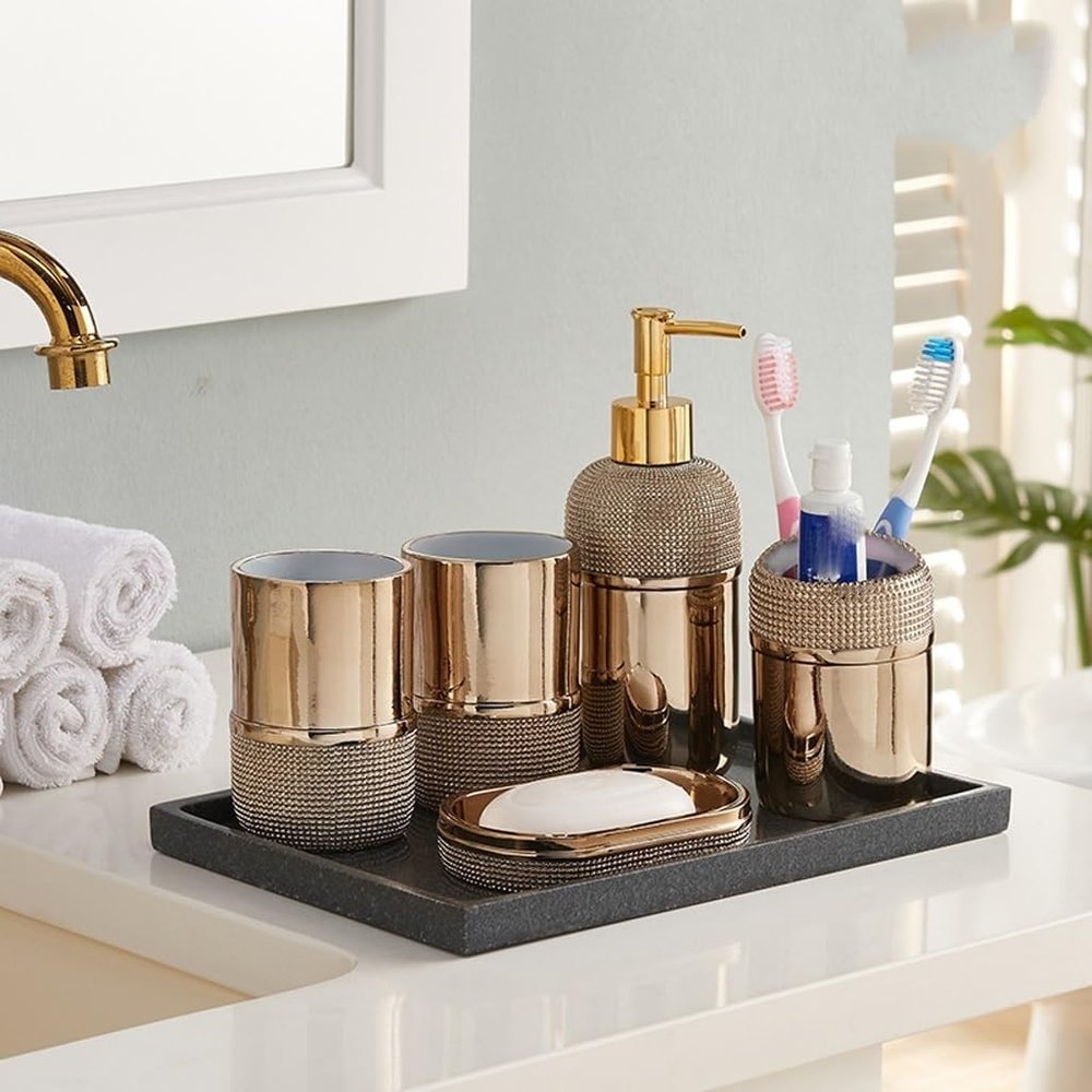 Bathroom Accessory Sets Bathroom Accessories 6 Piece Set Soap Dispenser Gargle Cup Toothbrush Holder Wedding Gifts for Vanity Bathroom Decor