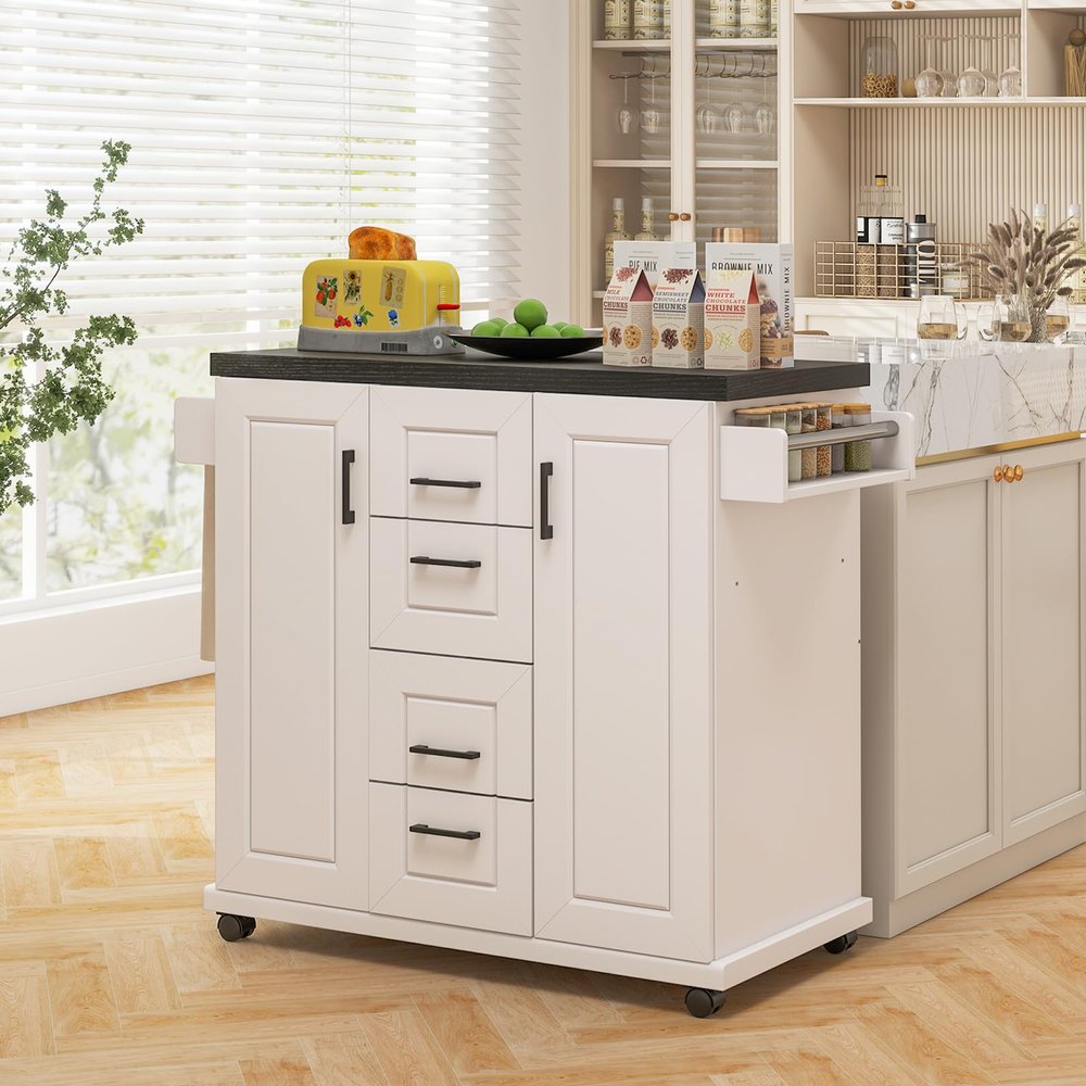 SILKYDRY Kitchen Island with Storage, Rolling Kitchen Cart with 4 Drawers, 2 Door Cabinets with Shelves, Spice Rack, Towel Holder, Mobile Island Cart for Dining Room, Living Room, Bar