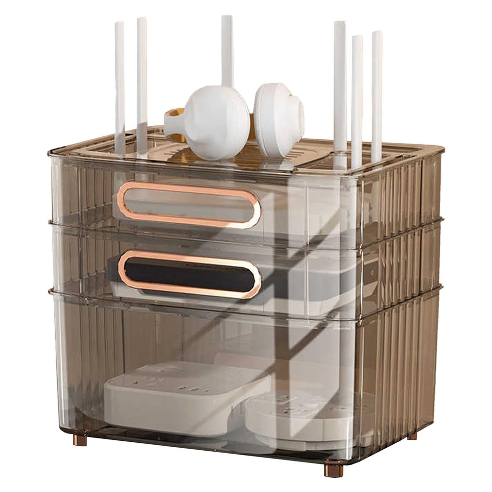 WiFi Router Organizer Box Plastic Material Transparent Viewing Large Holes for Heat Dissipation Router wall Mount Storage Rack for Office and Home(Brown,31.5 * 21.5 * 27.5cm)
