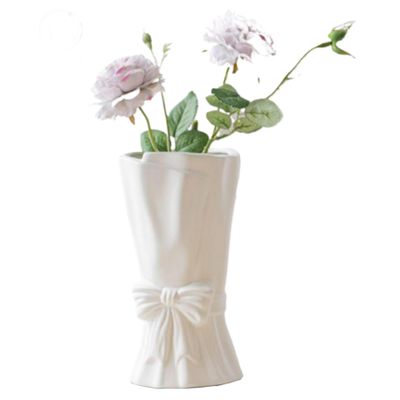 Jeorywoet Flower Vase, Ceramic, Modern Elegant White Vase with Bow Decoration, Scratch-Resistant, Perfect for Dried Flowers and Hydroponics