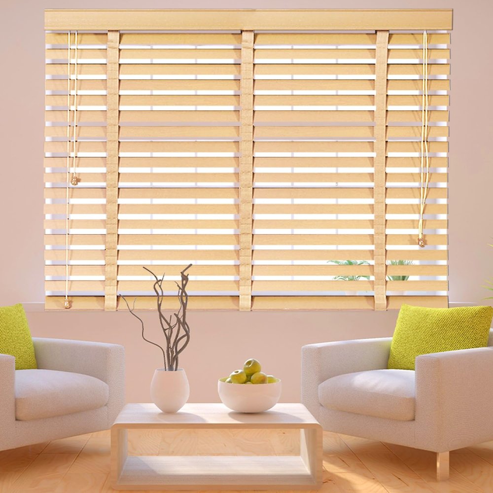 Horizontal Cordless Window Blinds 2 Inch Slats Beige Venetian Blinds for Door Windows,Outside Or Inside Mount Wooden Blind for Windows(W25 xH48)