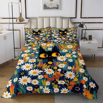 Manfei Cute Black Cat Kids Bedspread Twin Size,Botanical Plants Daisy Flowers Rustic Nature Coverlet Set,Boys Girls Room Decor,Kawaii Animal Pet Quilted Coverlet,Green Bedding Quilt,1 Pillowcase