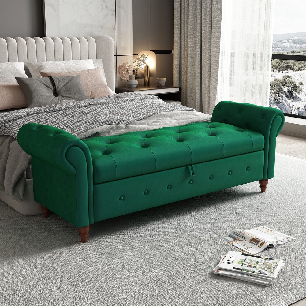 KEIKI Storage Bench for Bedroom, 63" Bed Benches for Foot of Bed, Green