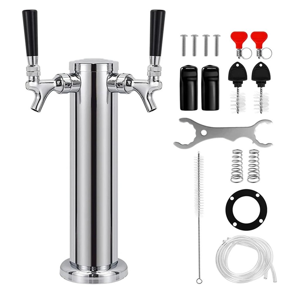 ASDJKL Home Brewing Draft Dual Beer Tap Tower Polished Stainless Steel Beer Dispenser Kit with Pre-Assembled Tubing and Self-Closing Springs for Bar Brewing Accessories