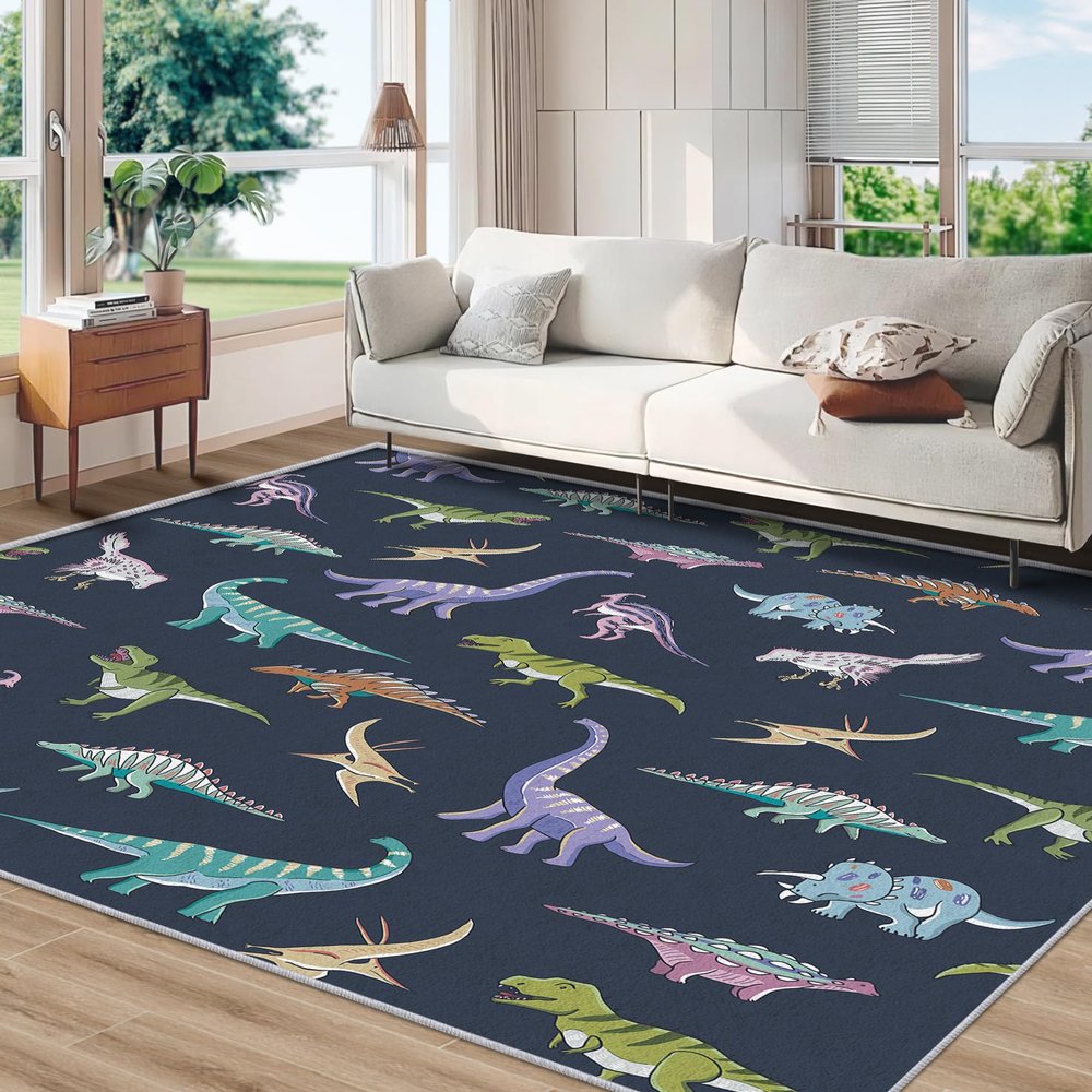 Zydzarrx Kids Dinosaur Rug, Washable Colorful Fun Design Area Rugs 7x9 - Educational Carpet, Bedroom, Living Room, Home Decor, Soft, Non Slip, Non Shedding
