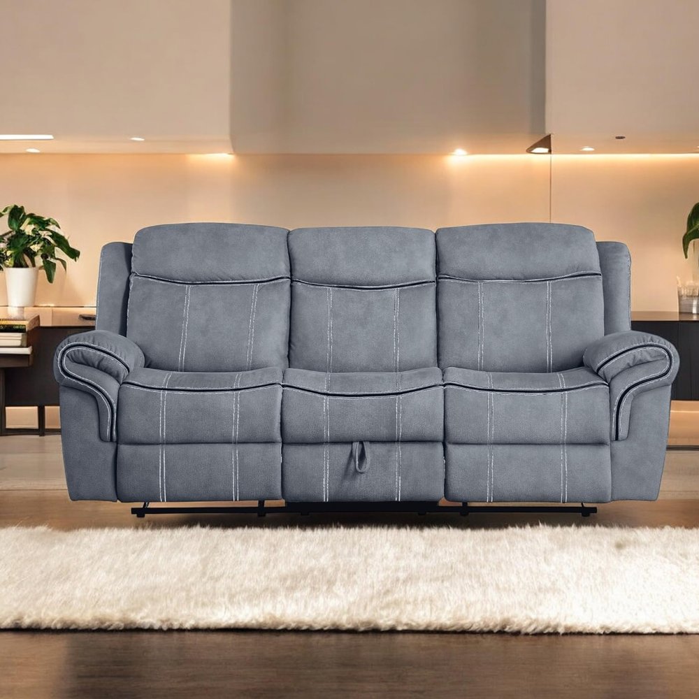 Gray Velvet Recliner with & Table - 3 Seat, and Relaxing, Stable, Stylish Tuft Workmanship, Soothing Two Tone Port Table, Soft Fluffy, Strong Wood Metal Frame, Classy Tufting, Comfy