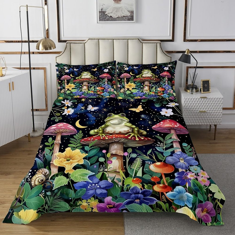 Manfei Cute Frog Kids Bedspread King Size,Starry Sky Mushroom Botanical Flowers Rustic Coverlet Set,Boys Girls Room Decor,Wild Pond Animal Quilted Coverlet,Green Black Bedding Quilt,2 Pillowcases