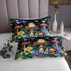Manfei Cute Frog Kids Bedspread King Size,Starry Sky Mushroom Botanical Flowers Rustic Coverlet Set,Boys Girls Room Decor,Wild Pond Animal Quilted Coverlet,Green Black Bedding Quilt,2 Pillowcases view 4