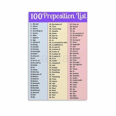 100 Preposition List Poster English Educational Poster Canvas Painting for Living Room Bedroom Decor 08x12inch(20x30cm) Unframe-style
