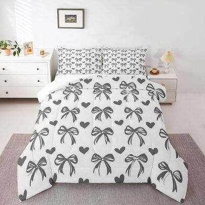 Erosebridal Bowknot Bedding Set Toddler Size, Love Heart Comforter Set for Kids Girls Boys Children Teens Women Bedroom, Girly Princess Bow Duvet Set Bow Knot Kawaii Decor Quilt, Grey White