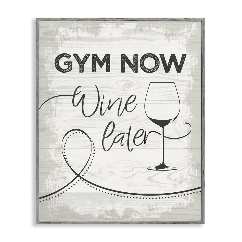 Stupell Industries Gym Now Wine Later Gray Framed Giclee Wall Art Design by Jennifer Ellory, 16 x 20