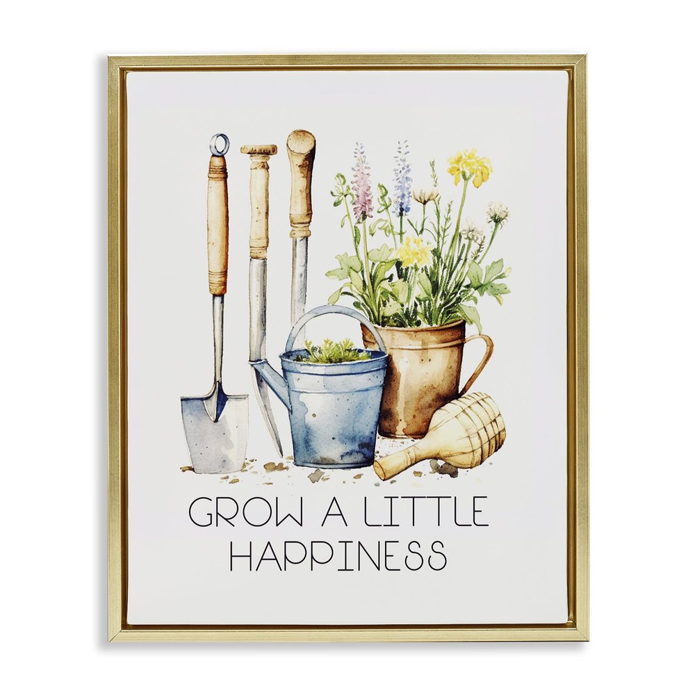 Stupell Industries Grow Happiness Gardening Gold Floater Framed Canvas Wall Art Design by Karen Smith, 17 x 21