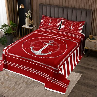 jejeloiu Anchor Decor Bedspread Twin Size Nautical Themed Coverlet Set for Boys Girls Teens Ocean Quilted Coverlet Sea Adventure Quilted Red